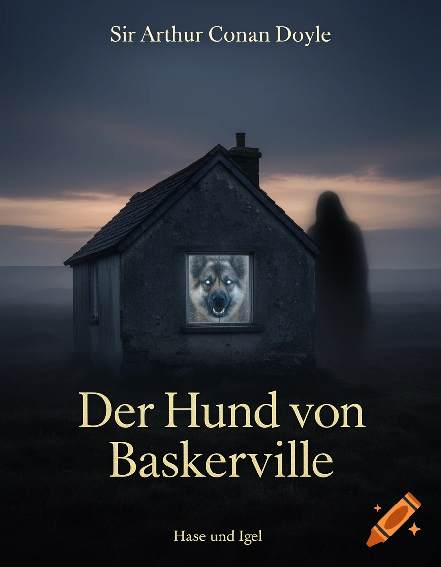 Dark, spooky book cover for 'Der Hund von Baskerville' with a house, glowing-eyed dog, and shadowy figure on a moor.