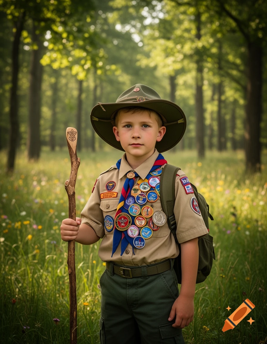 A young boy in a Boy Scout uniform, complete with a hat, neckerchief, and numerous badges, stands in a sun-dappled forest, holding a walking stick. Photorealistic style.