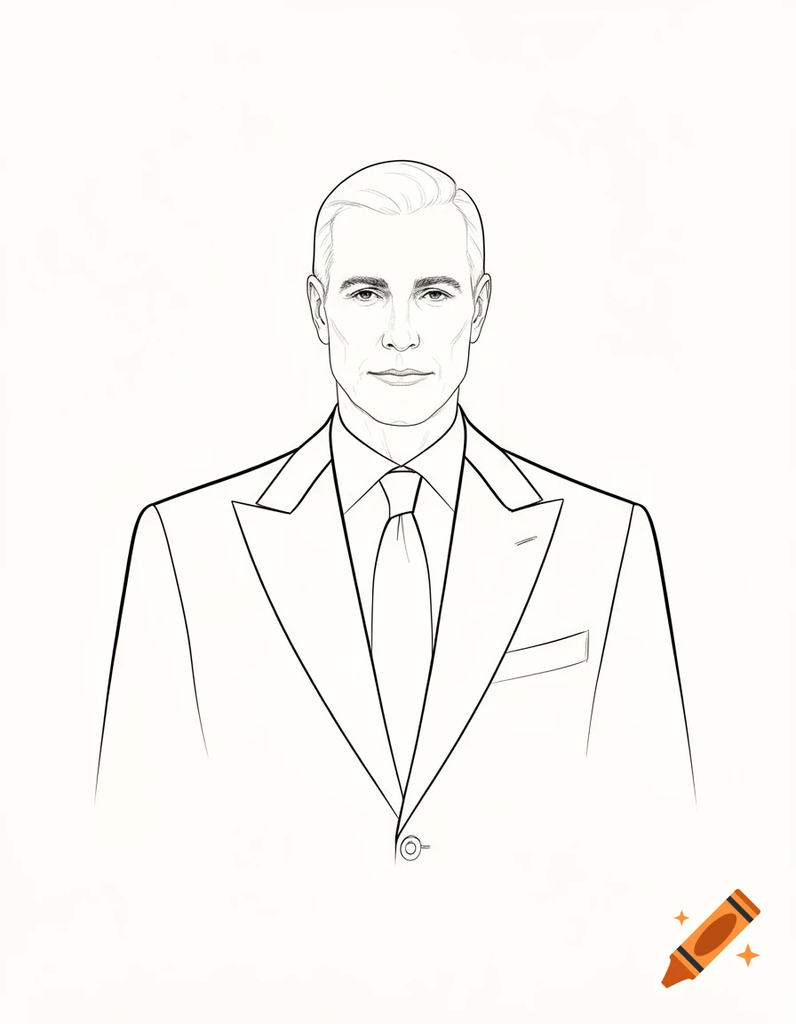 Line art portrait of a man in a suit and tie, facing forward.