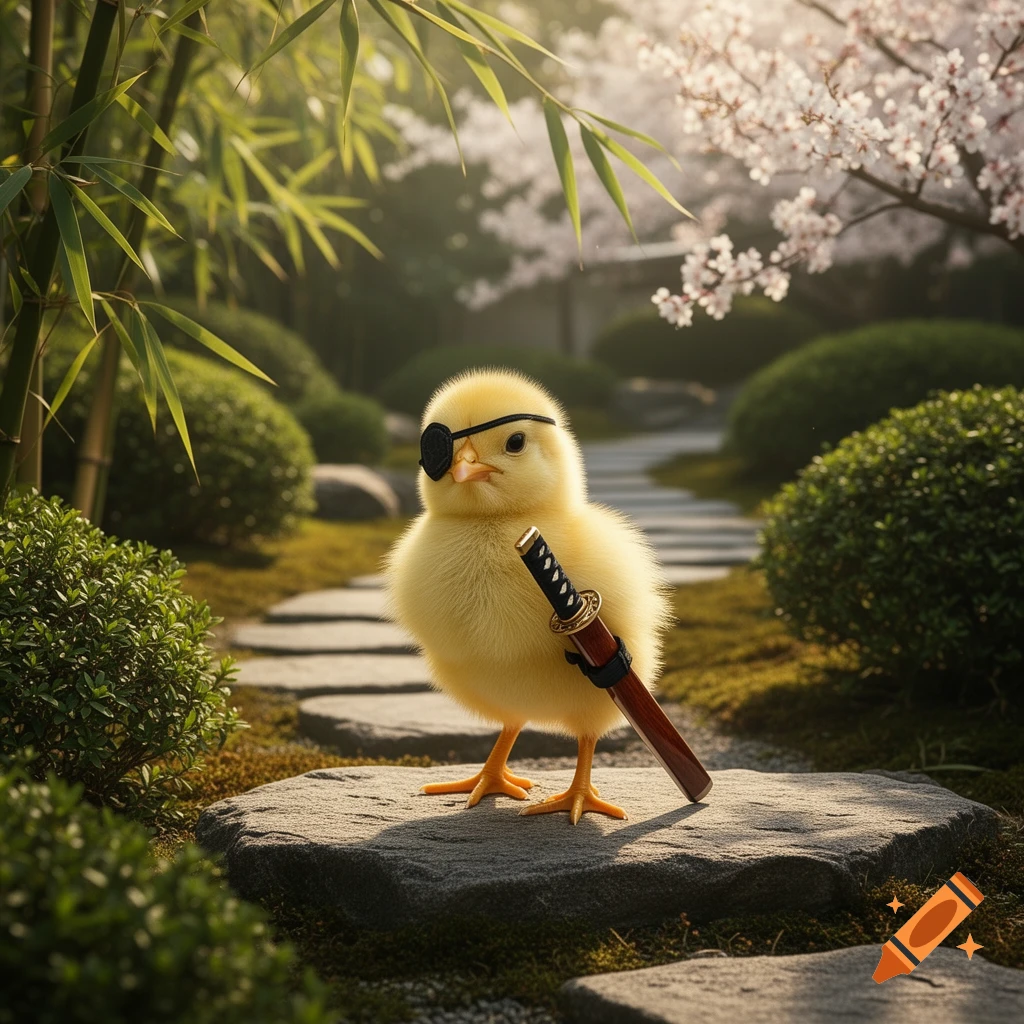A photorealistic fluffy yellow chick with an eyepatch holds a small katana, standing on a stone path in a Japanese garden with bamboo and cherry blossoms.