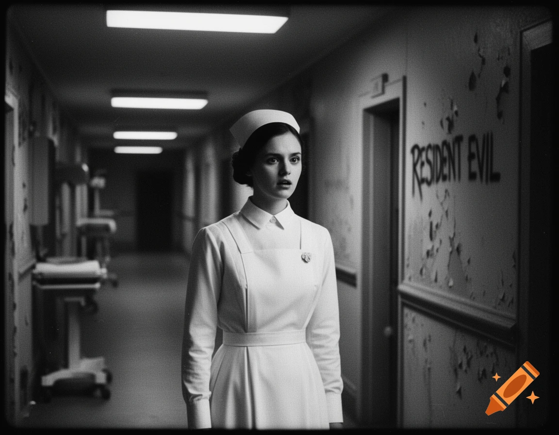 A worried nurse in a dark, derelict hospital hallway with 'RESIDENT EVIL' graffiti on the wall, in a vintage black and white photo.