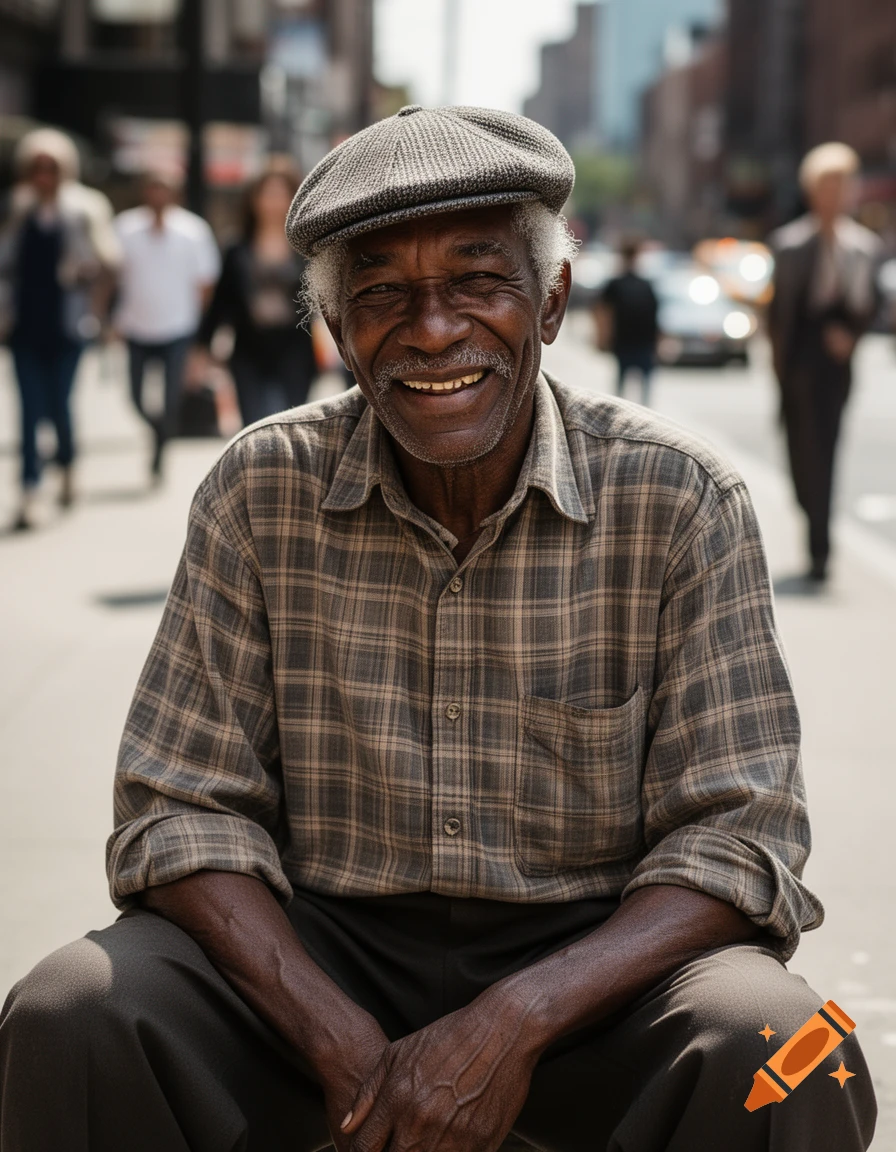 Photorealistic portrait of a smiling older Black man in a flat cap and plaid shirt, sitting on a city street.