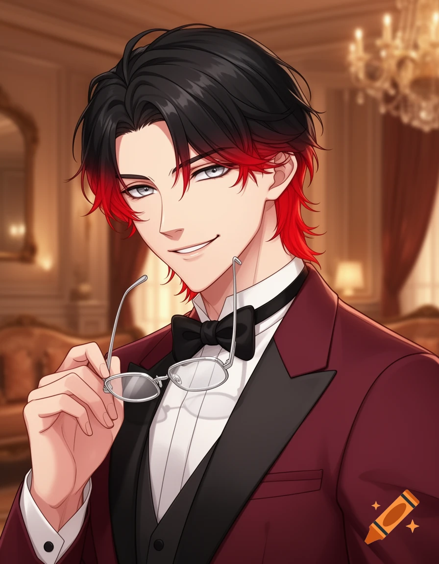 Anime man with black and red hair, silver eyes, in a burgundy tuxedo, holding eyeglasses in an elegant room.