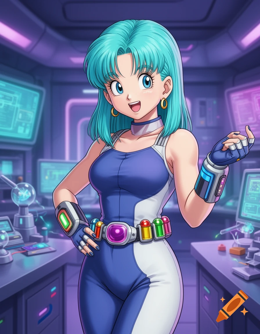 Anime character Bulma with blue-green hair in a blue and white jumpsuit with a tech belt, smiling confidently in a sci-fi lab.