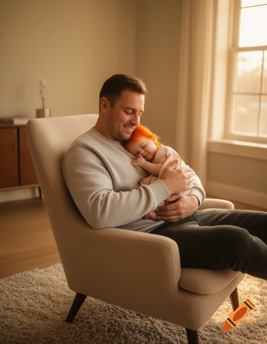 A smiling father in a grey sweatshirt holds his sleeping baby with orange hair in a chair, bathed in warm sunlight.