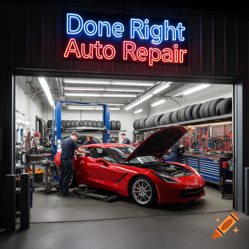 Photorealistic image of mechanics working on a red sports car inside a well-equipped auto repair garage with a neon sign.