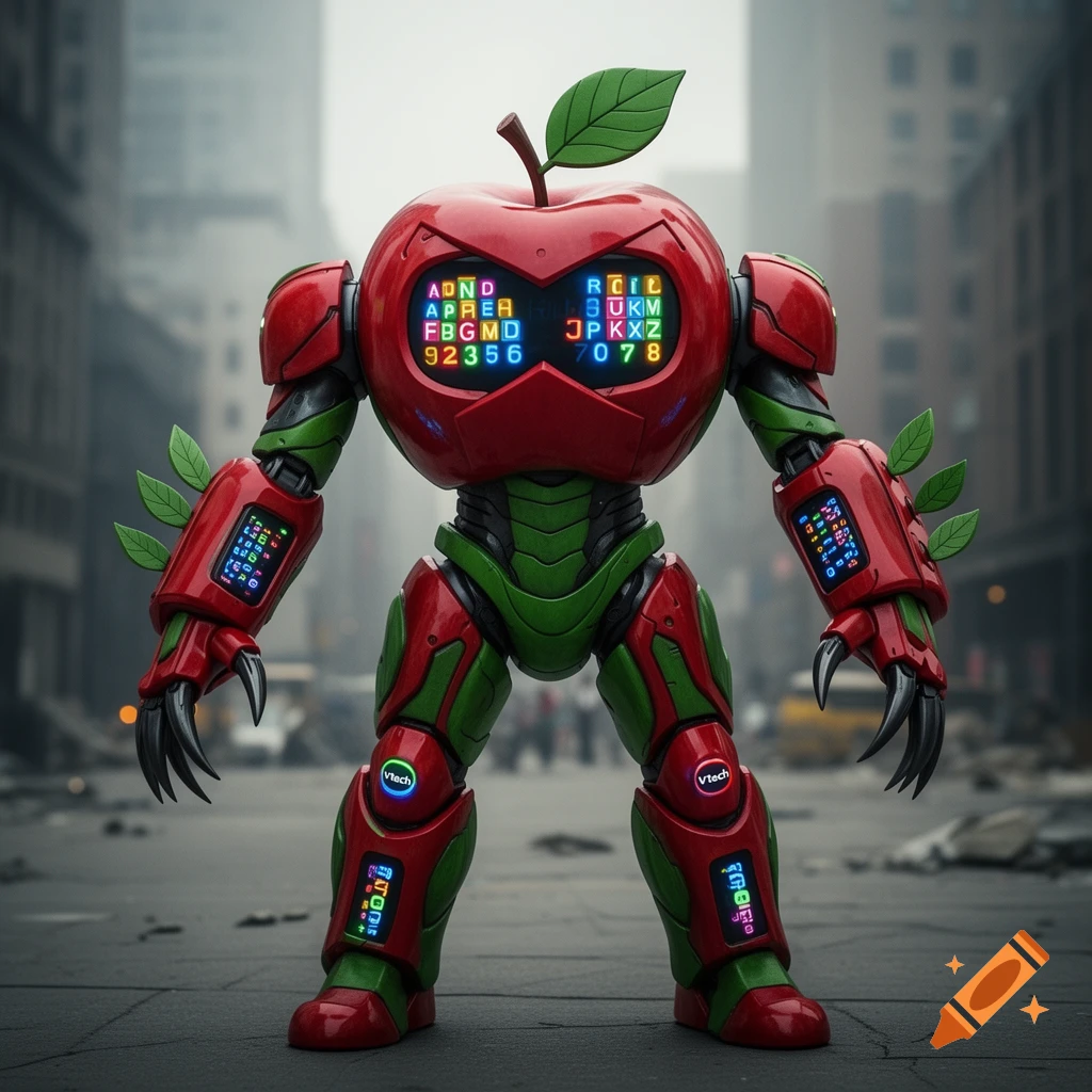An apple-themed Vtech robot monster stands in a city street, with glowing screens displaying letters and numbers on its chest and arms.