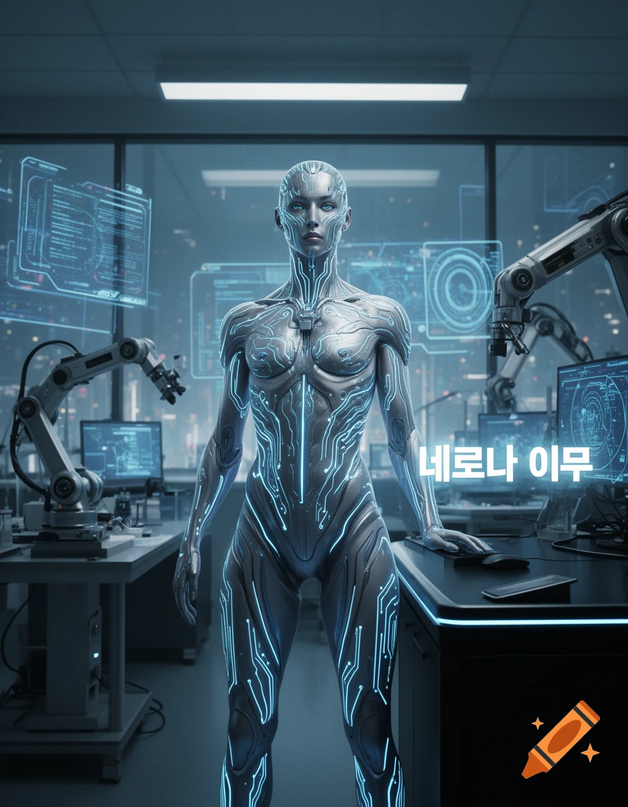 A cybernetic humanoid with glowing blue circuits stands in a futuristic laboratory filled with holographic interfaces.