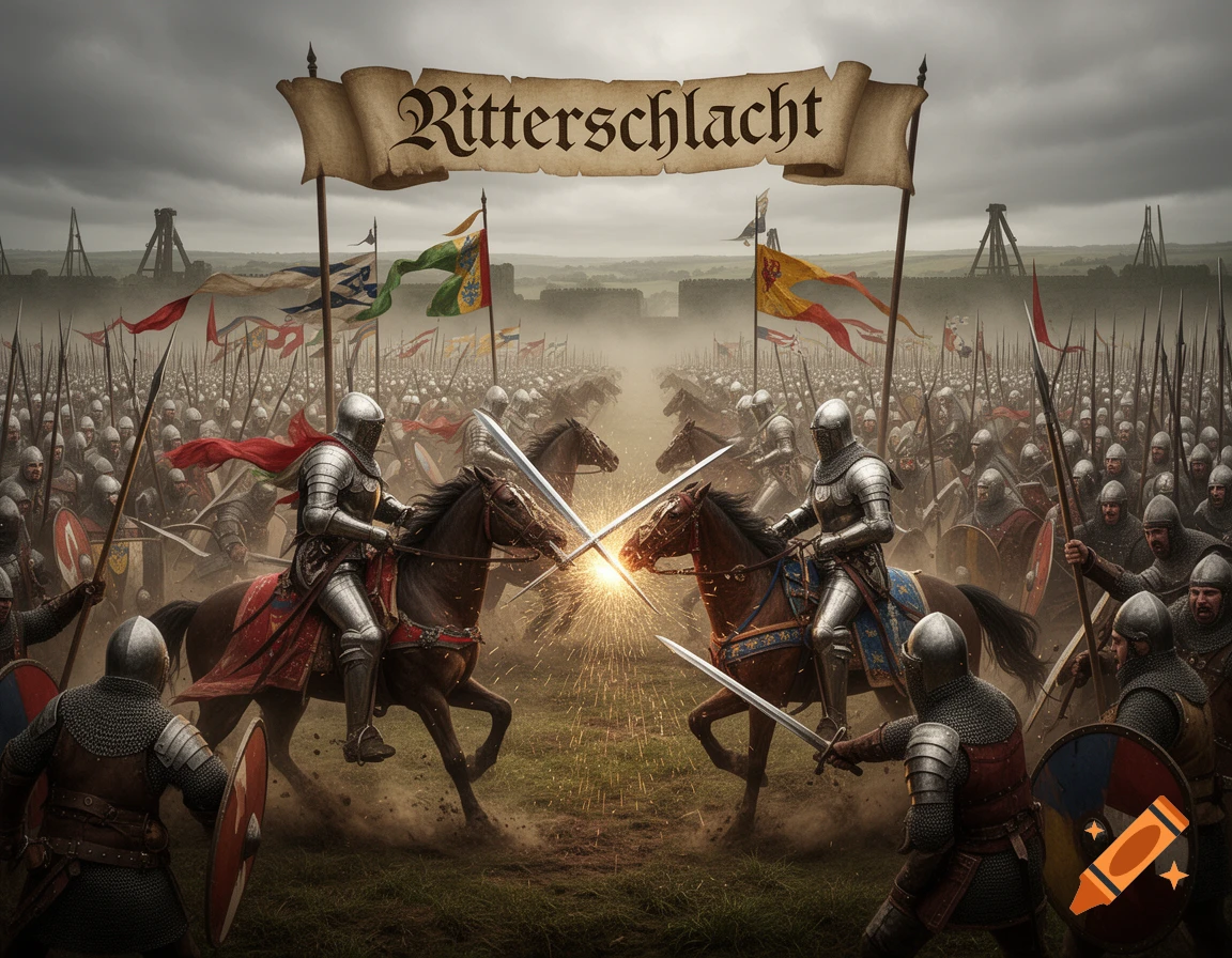 Two knights on horseback clash swords in a medieval battle, surrounded by armies under a banner reading 'Ritterschlacht'.