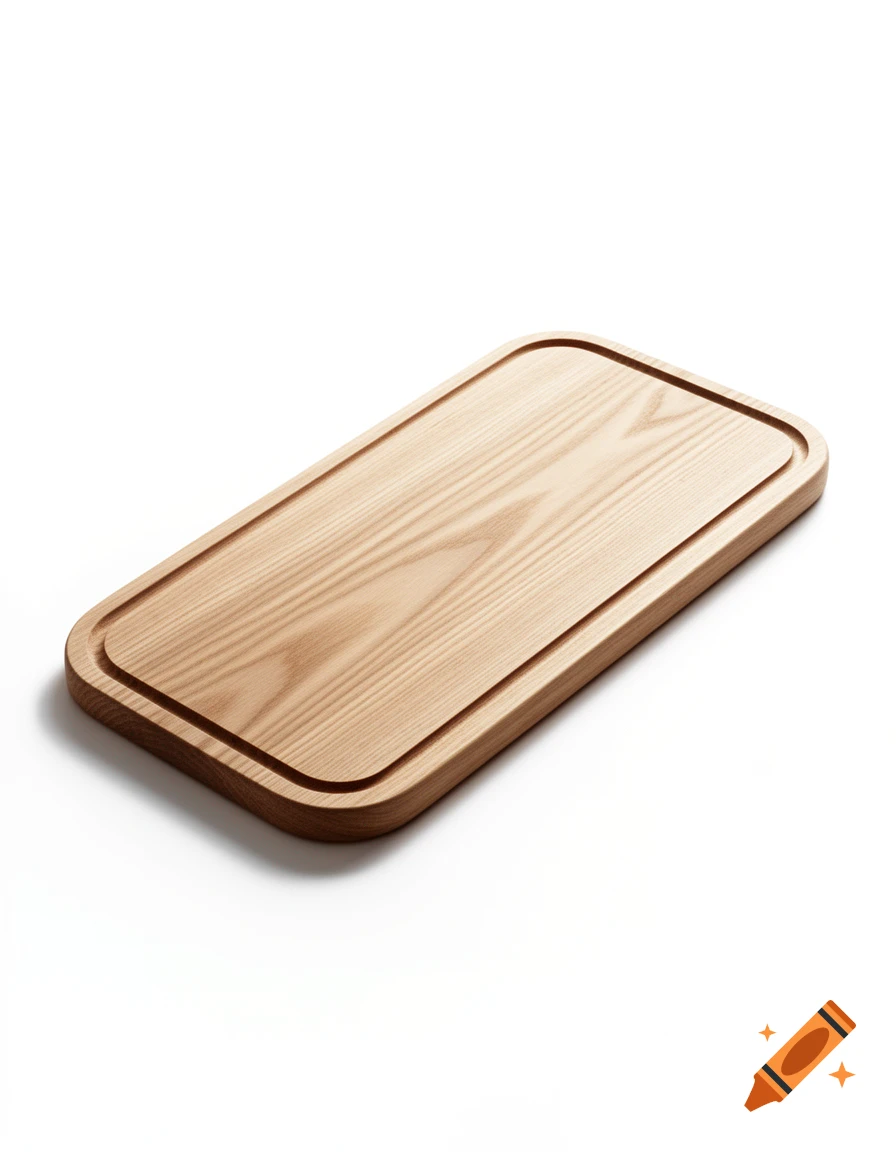 A light wood cutting board with rounded corners and a carved groove, angled on a white background.