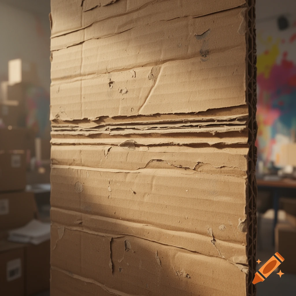 Photorealistic close-up of a weathered brown corrugated cardboard wall, with a blurred room in the background.
