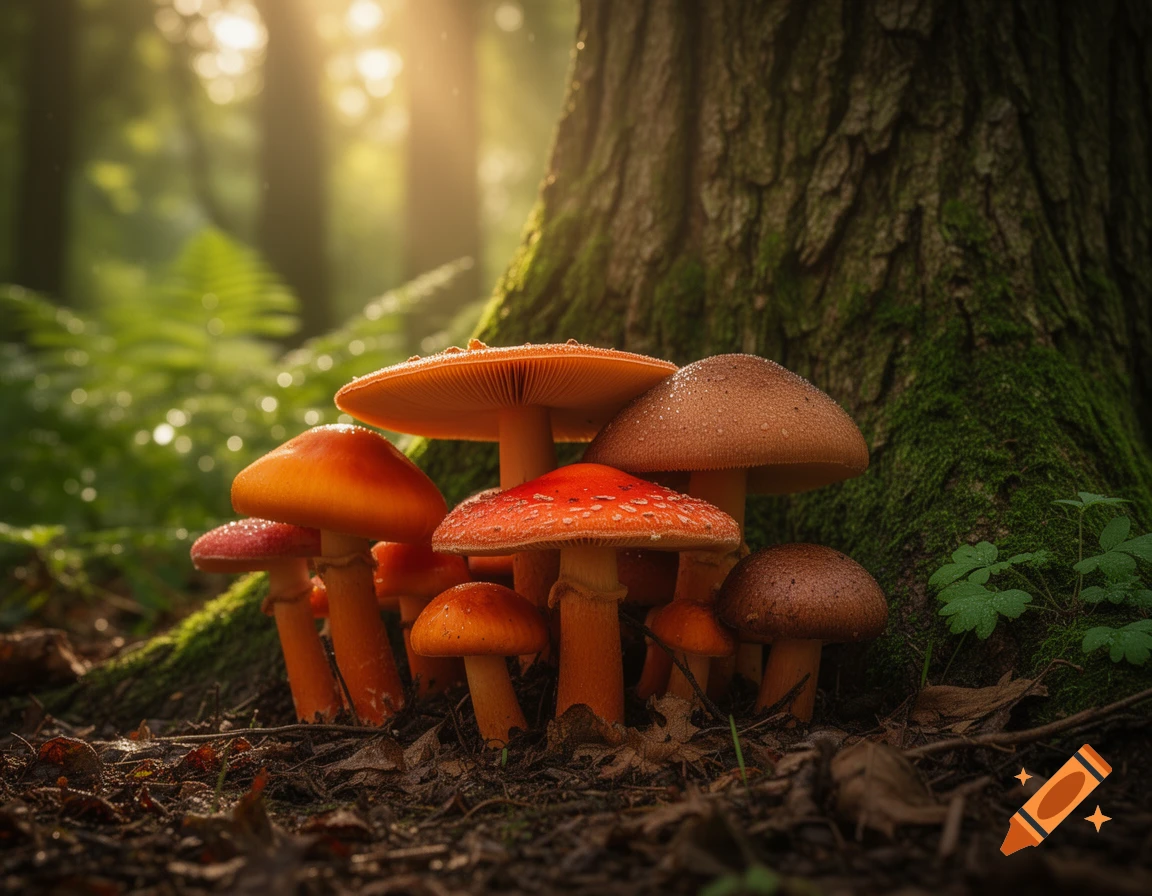 A cluster of orange and brown mushrooms grows at the mossy base of a tree in a sunlit forest.