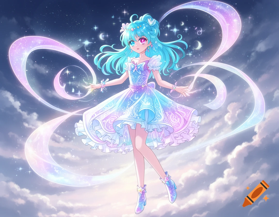 A vibrant anime magical girl with blue hair and a sparkling iridescent dress floats among clouds and stars, surrounded by glowing magical ribbons.