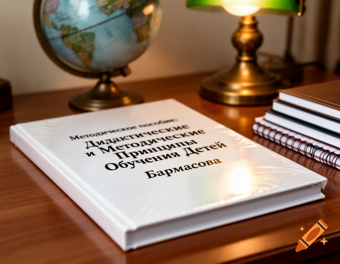 A white book with a Russian title on a wooden desk, beside a globe and a lit desk lamp, with more books.