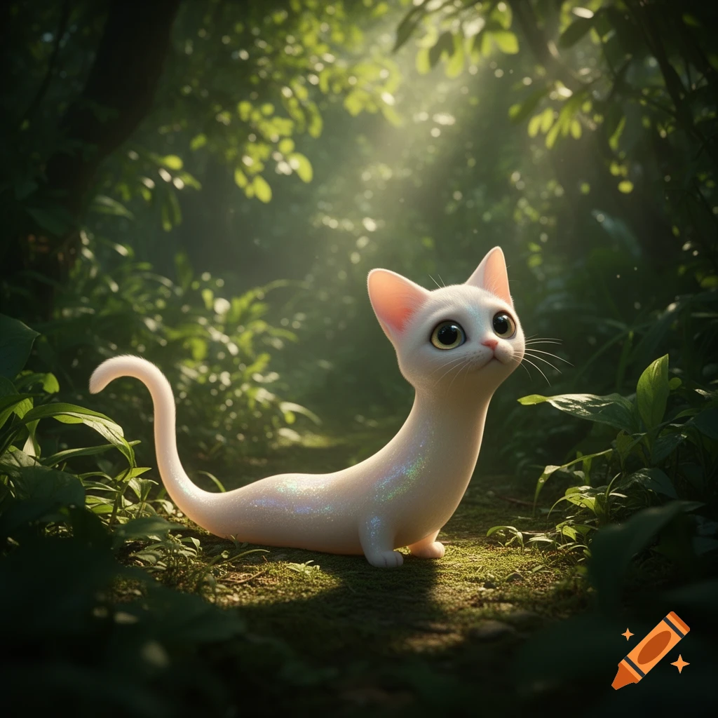 A cute, stylized white slugcat creature with large eyes in a lush, sun-dappled green forest.