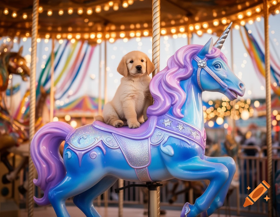 A cute golden retriever puppy sits on a sparkly blue and purple carousel unicorn at an amusement park, with blurred lights in the background.
