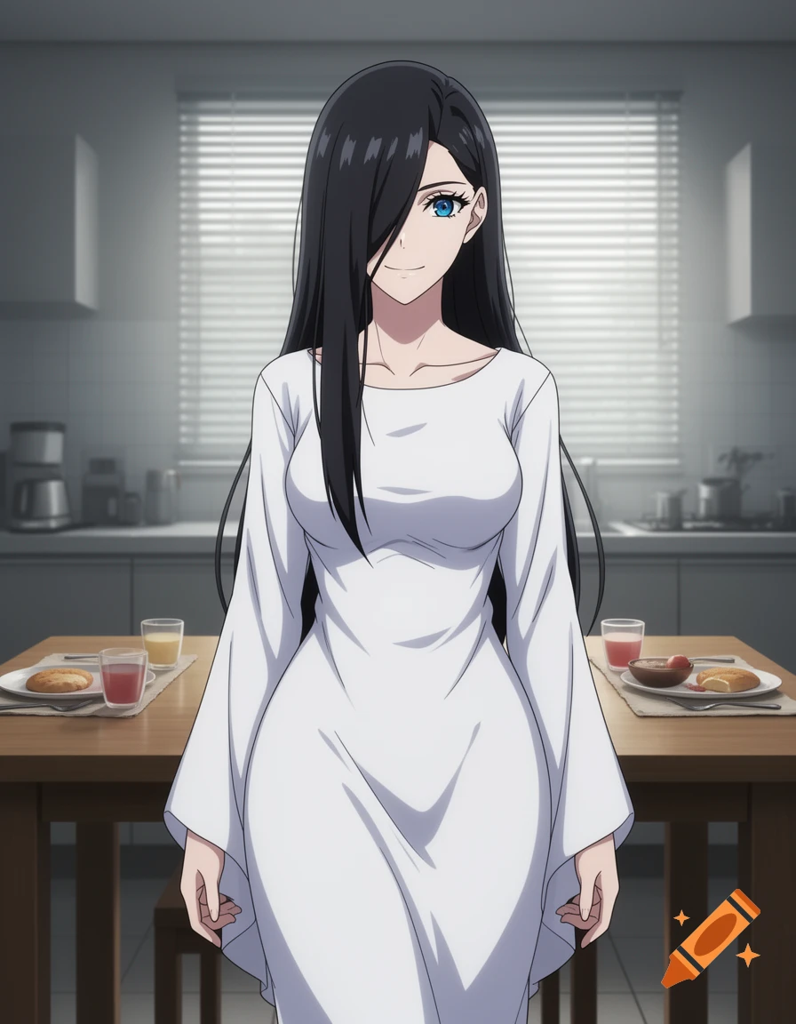 An anime ghost woman with long black hair covering one eye, wearing a white dress, stands in a kitchen with breakfast on a table.