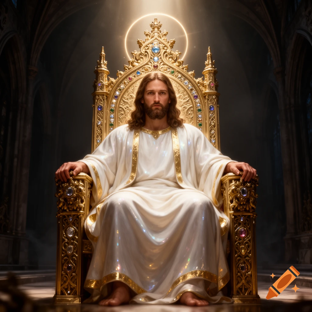 Photorealistic depiction of Jesus with a halo, wearing white robes, sitting majestically on an ornate golden throne in a dark cathedral.