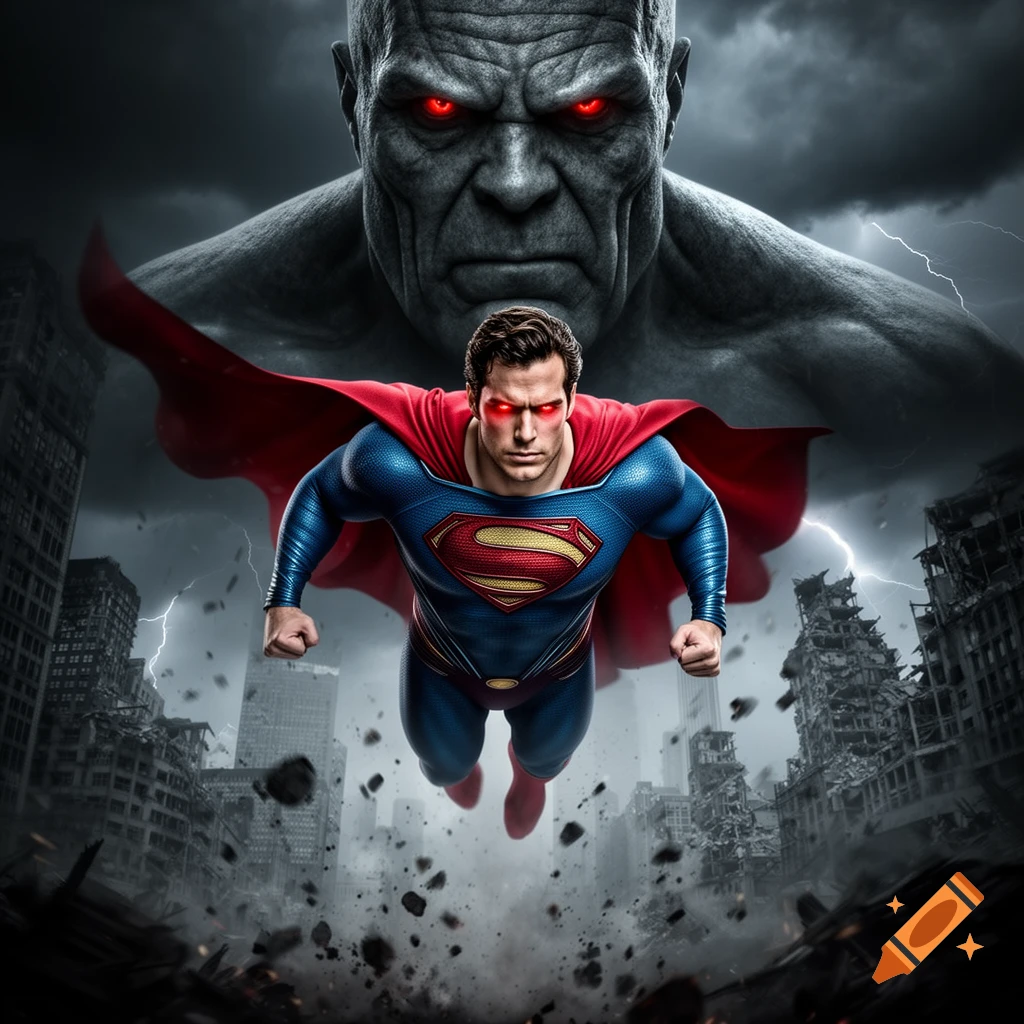 Photorealistic image of Henry Cavill's Superman flying over a ruined city with glowing red eyes, overshadowed by a massive Darkseid.