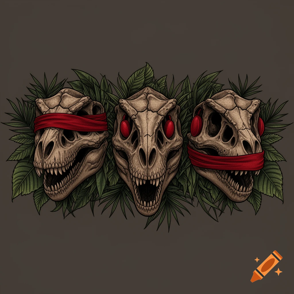 Three illustrative dinosaur skulls with red coverings on eyes, ears, and mouth, surrounded by jungle leaves, on a dark background.