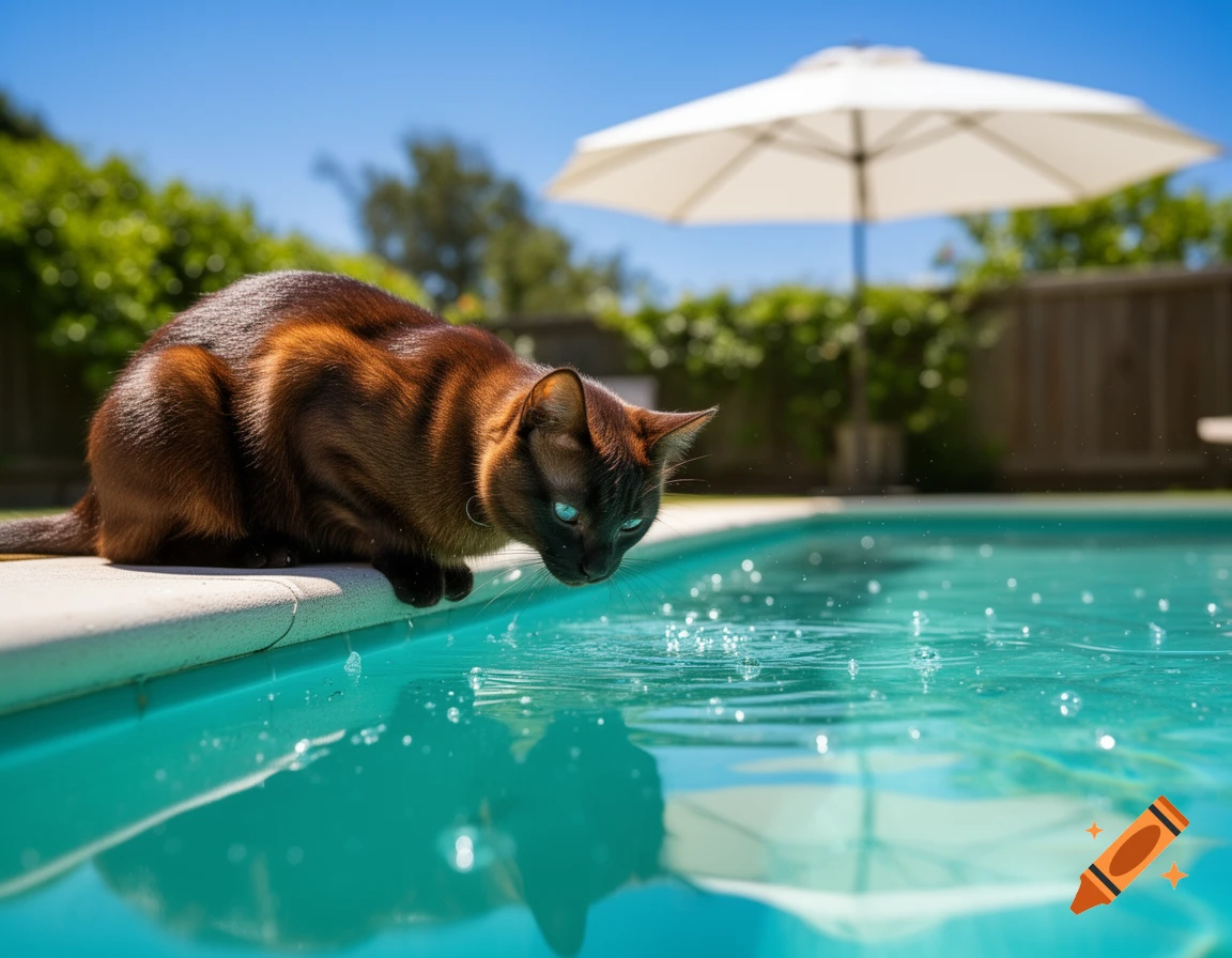 A brown cat with blue eyes peers down at the splashing turquoise water of a swimming pool on a sunny day.