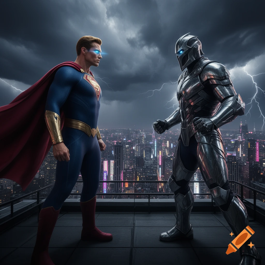 A photorealistic image of a Superman-like figure and an armored warrior standing off on a city rooftop under a stormy sky with lightning.