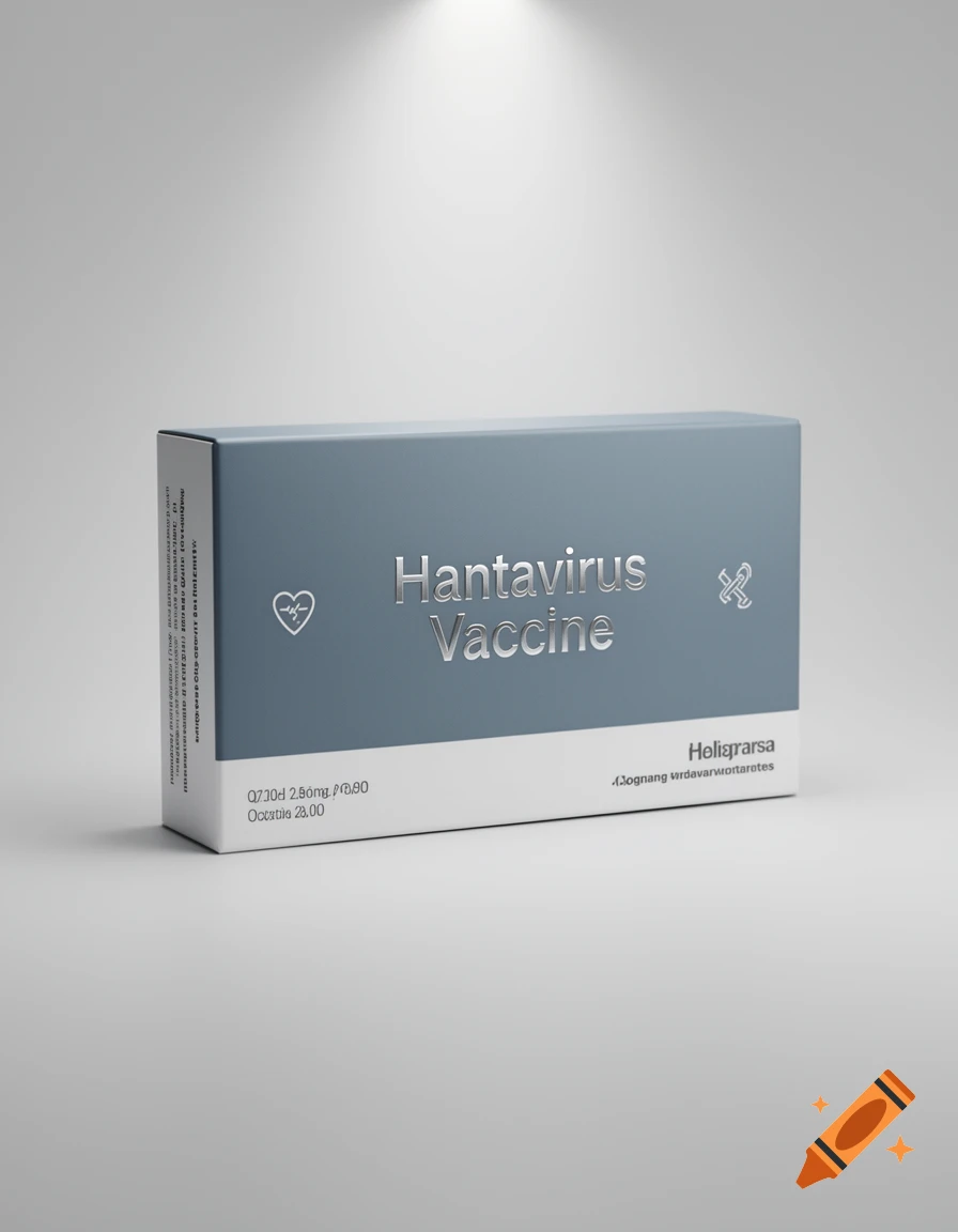 A photorealistic image of a gray and white box labeled "Hantavirus Vaccine" with a heart and syringe icon, presented on a minimalist white background.