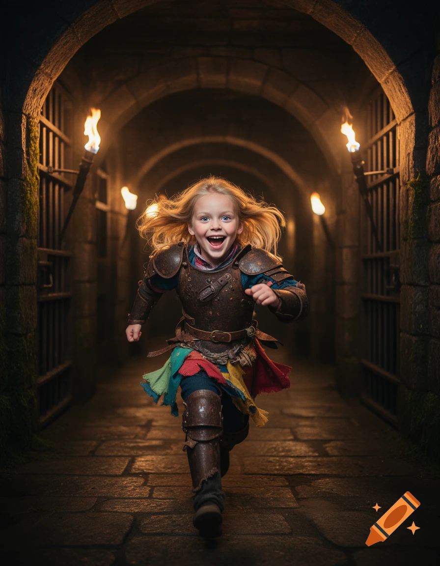 Photorealistic image of a joyful blond girl in battle armor, running through a torch-lit stone dungeon corridor.
