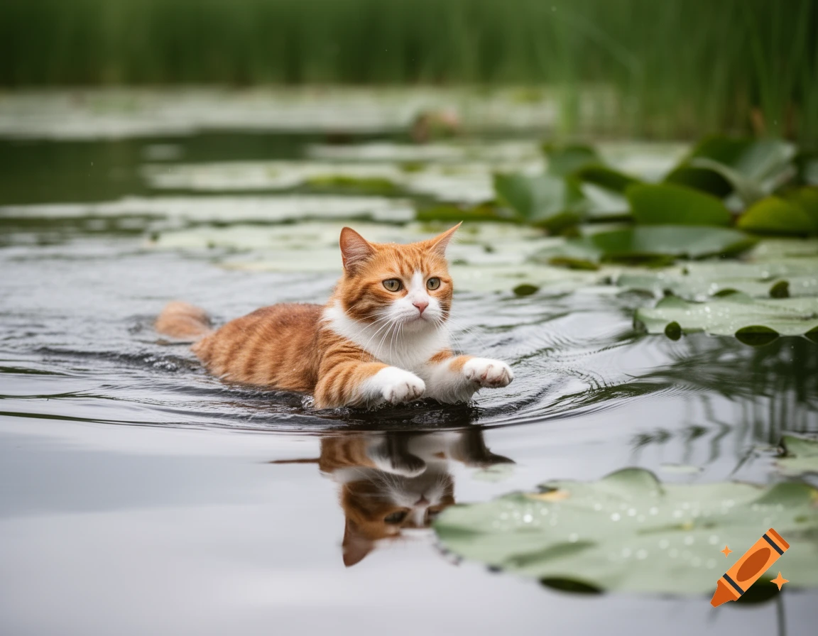 An orange and white cat swims through calm water surrounded by green lily pads and lush foliage in the background.