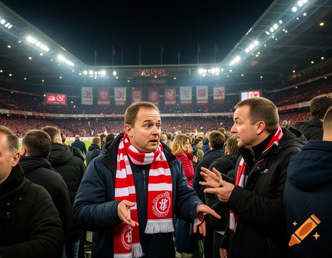 Two male football fans in red and white scarves talk in a crowded stadium at night.