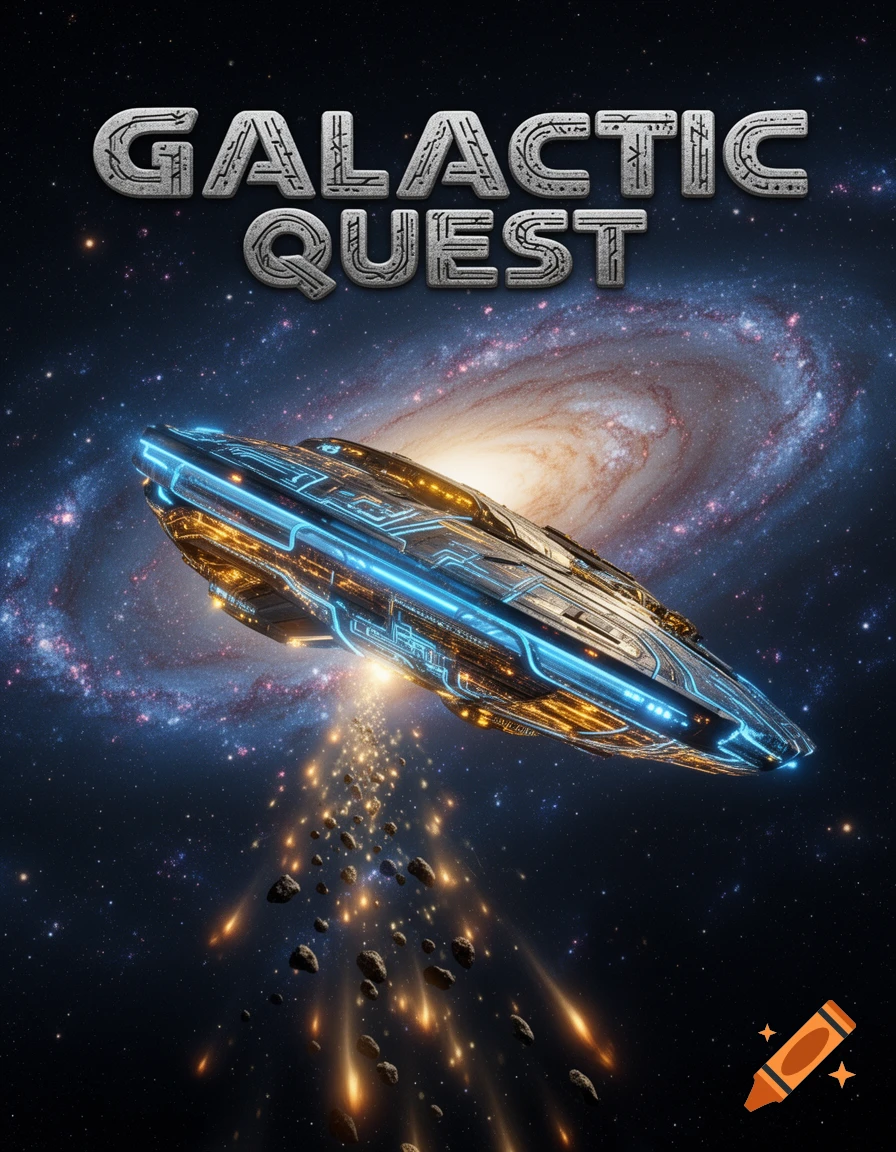 A futuristic spaceship with blue and gold lights flies through a starry galaxy, titled 'GALACTIC QUEST'.