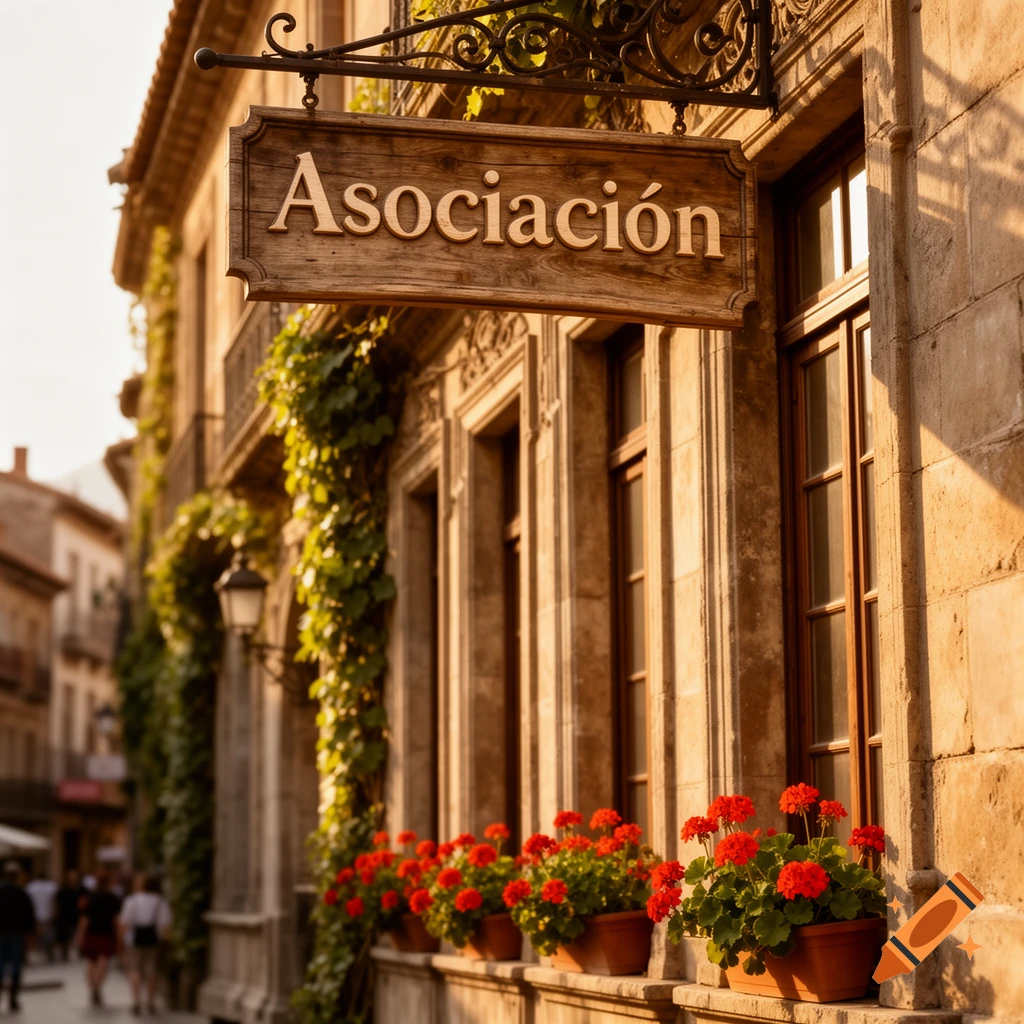 A wooden sign reading 'Asociación' hangs on a stone building with windows and red flower boxes, bathed in golden sunlight.