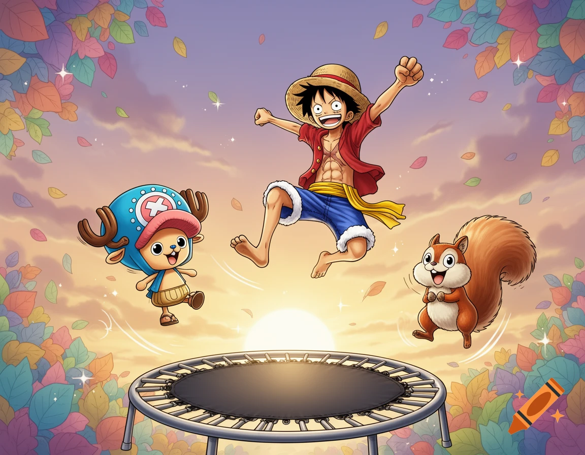 Anime characters Luffy and Chopper with a squirrel jump on a trampoline as colorful autumn leaves float by at sunset.