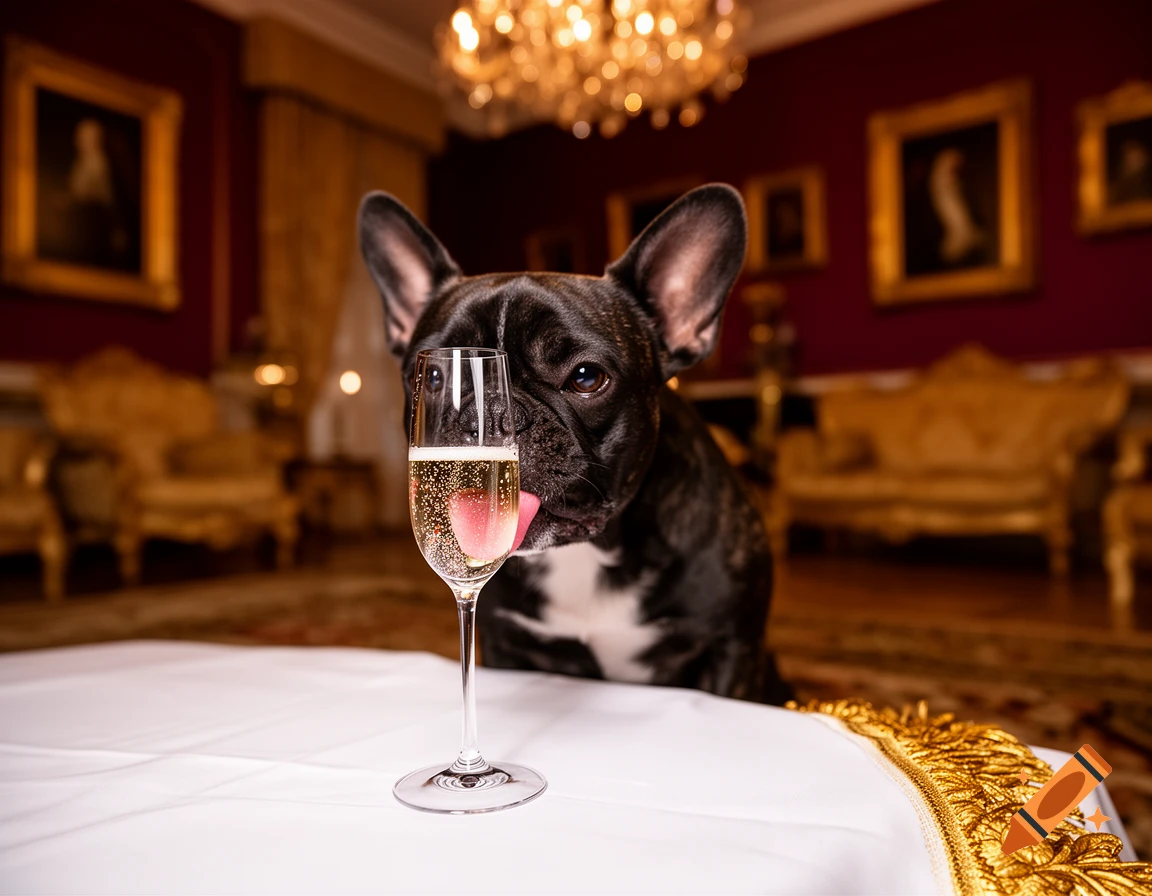 A photorealistic French bulldog licking a champagne glass in a luxurious, elegant room.