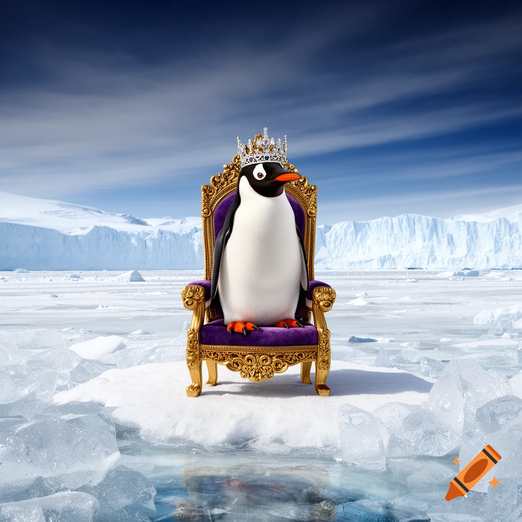 A gentoo penguin wearing a crown sits regally on a golden and purple throne in a vast arctic landscape.
