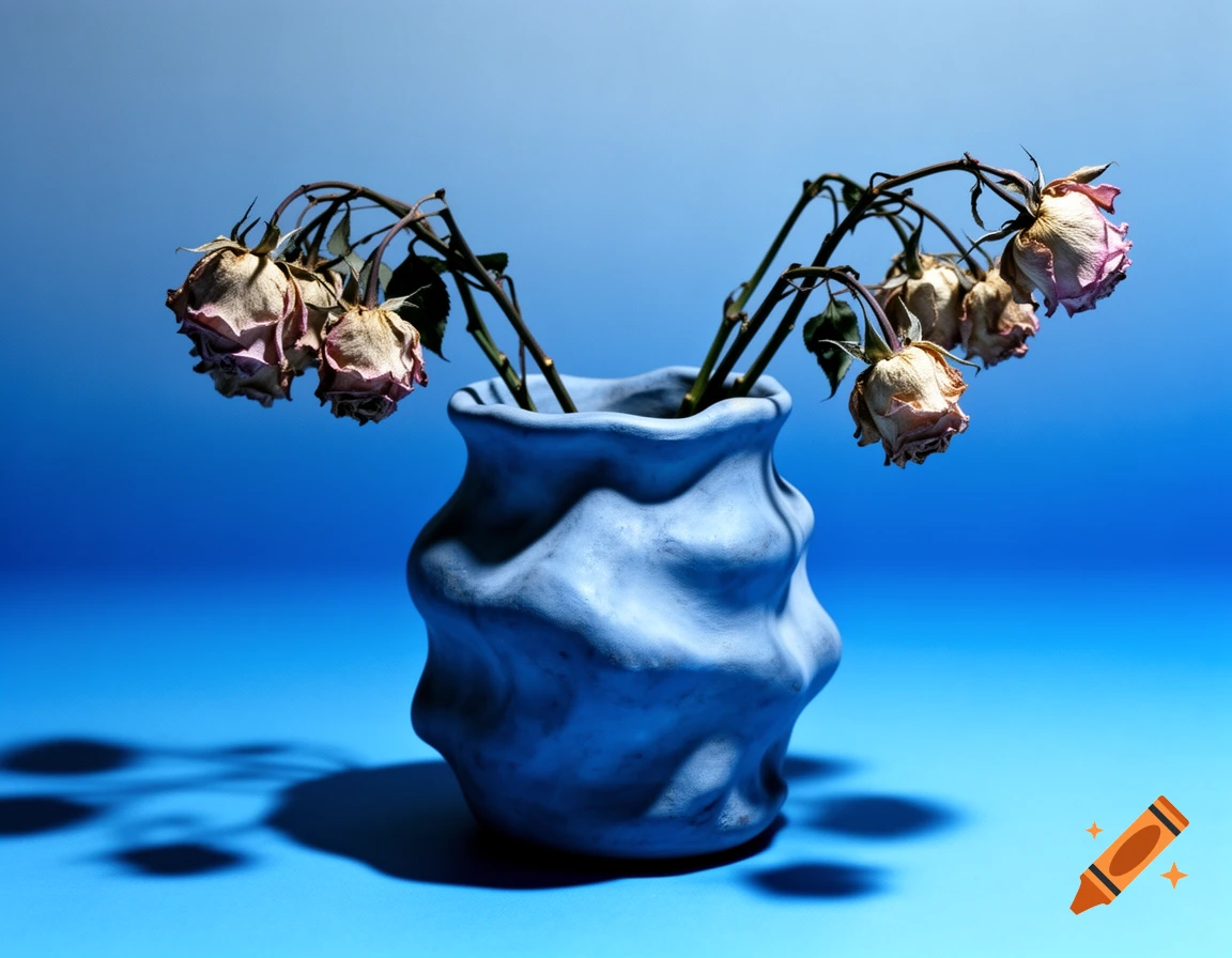 A photorealistic still life of a deformed blue vase holding wilted roses, set against a blue gradient background.