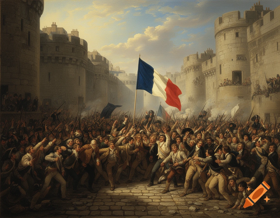 Detailed historical painting of a large crowd waving muskets and a French flag, storming a fortress under a cloudy sky.