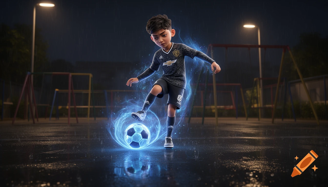 A 3D animated boy in dark sportswear dribbles a glowing blue soccer ball on a wet street playground at night, with rain reflections.