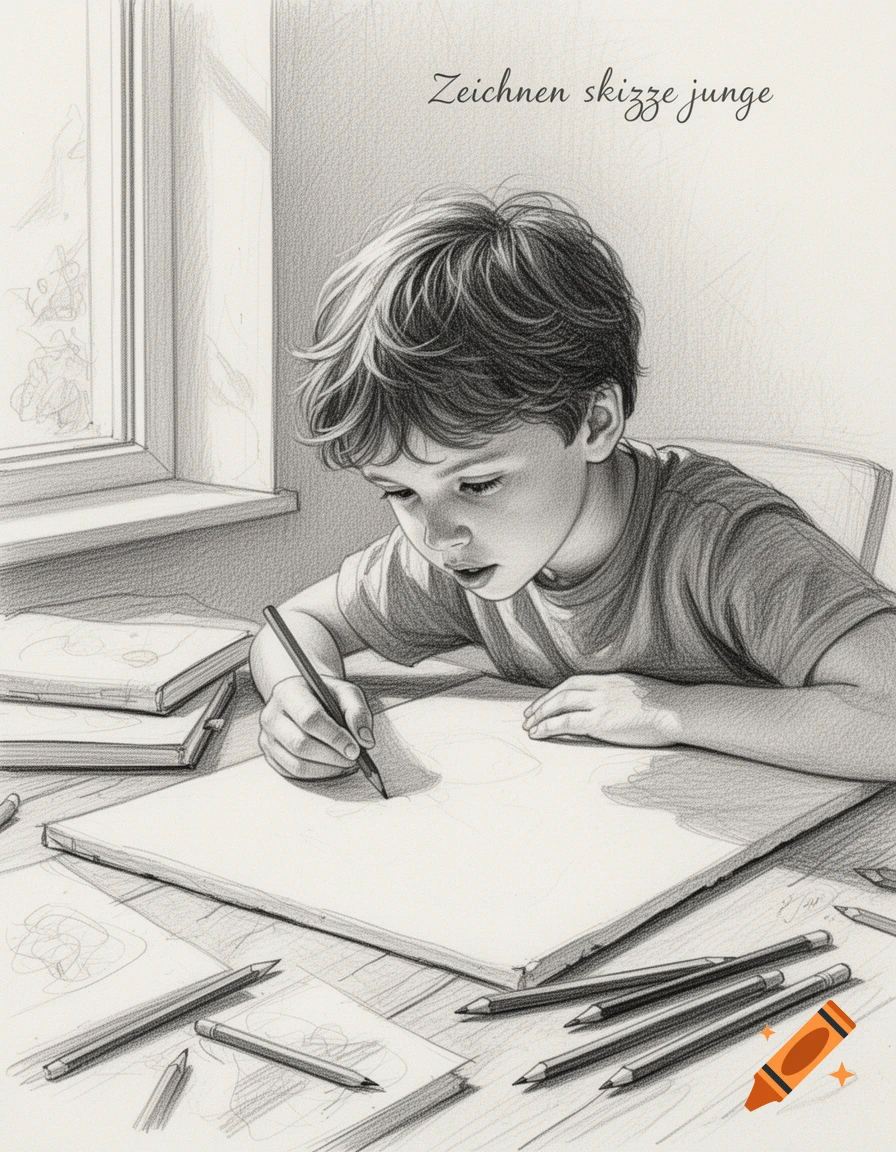 Pencil sketch of a young boy drawing at a sunlit table with pencils and books.