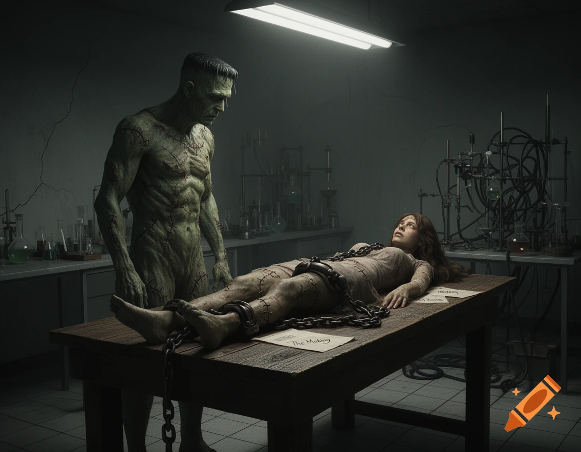 Photorealistic image of Frankenstein's monster sadly looking at a woman chained to a table in a dark, ominous laboratory.