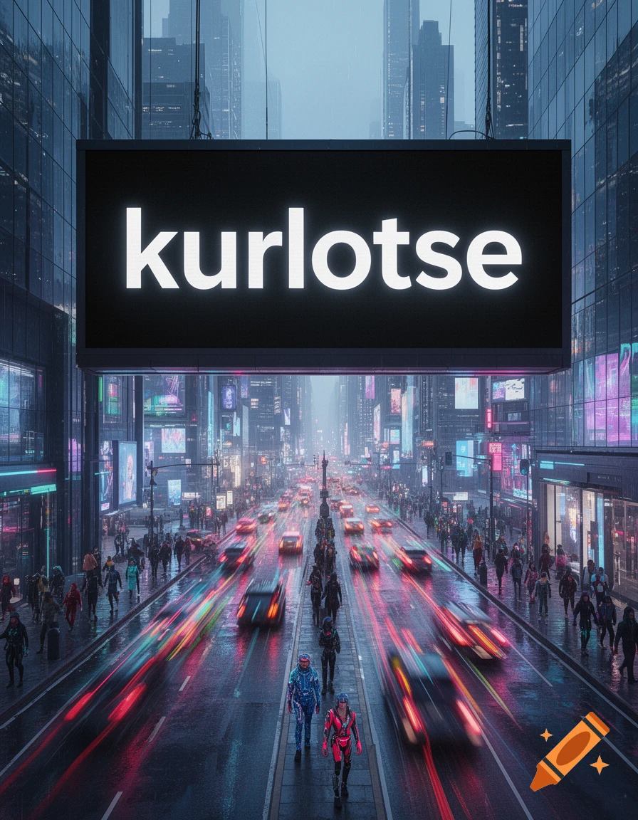 A futuristic cyberpunk city street at night, featuring neon-lit buildings, cars with light trails, pedestrians, and a large billboard with 'kurlotse'.