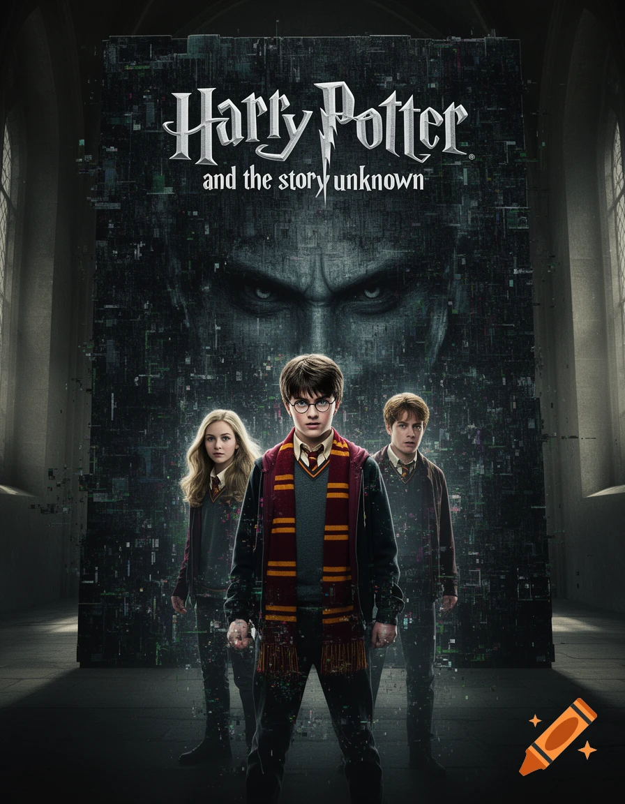A dark, glitch-themed Harry Potter movie poster showing Harry, Hermione, and Ron in front of a glitching wall with a creepy face.