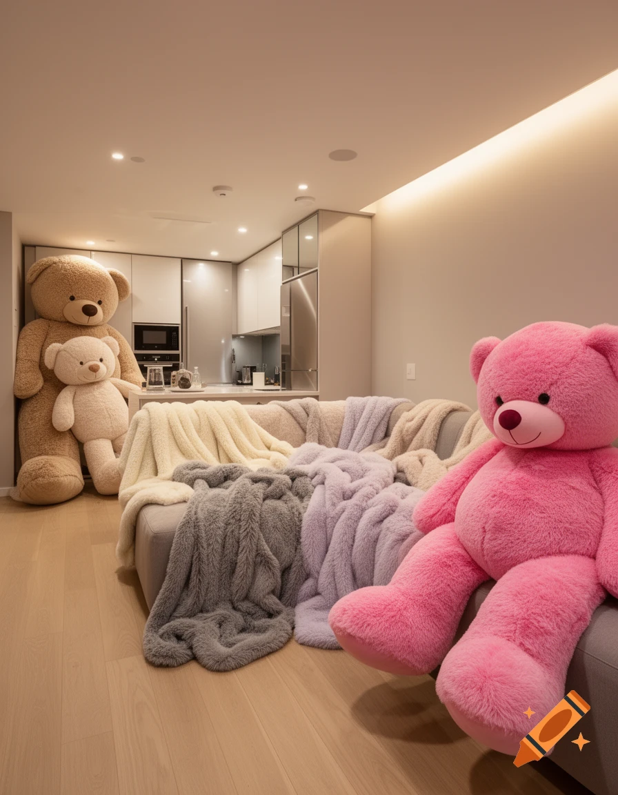 A large pink teddy bear sits on a sofa covered in fuzzy blankets in a modern apartment, with two brown teddy bears standing near a kitchen in the background.