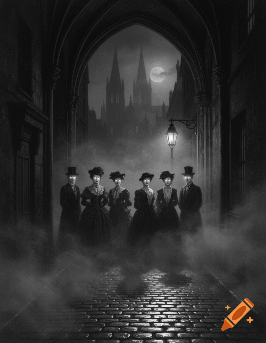 Six figures with glowing eyes stand in a misty gothic alley, a dark cathedral and full moon visible through an archway.
