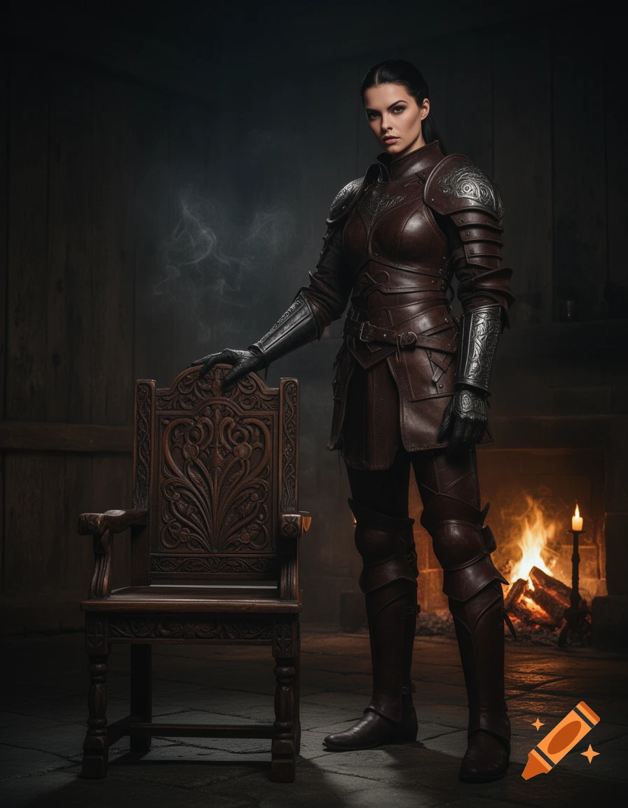 A female warrior in leather armor stands beside a carved wooden chair in a dark medieval room with a fireplace.