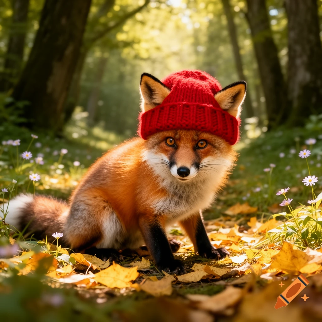 A cute fox wearing a red knit hat sits among fallen yellow leaves and small white flowers in a sunlit forest.