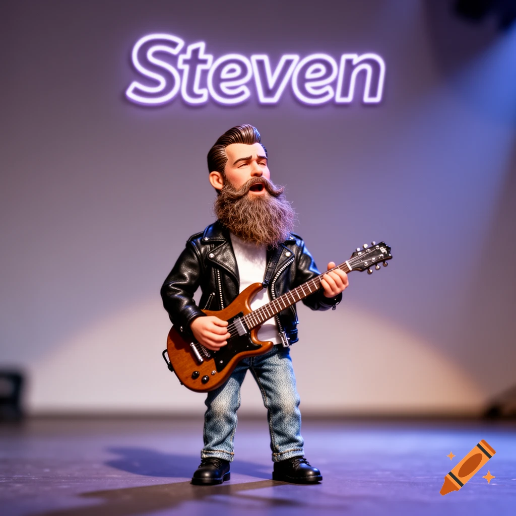 A stylized figure with a large beard and a leather jacket plays an electric guitar under a neon sign that reads "Steven" on a stage.
