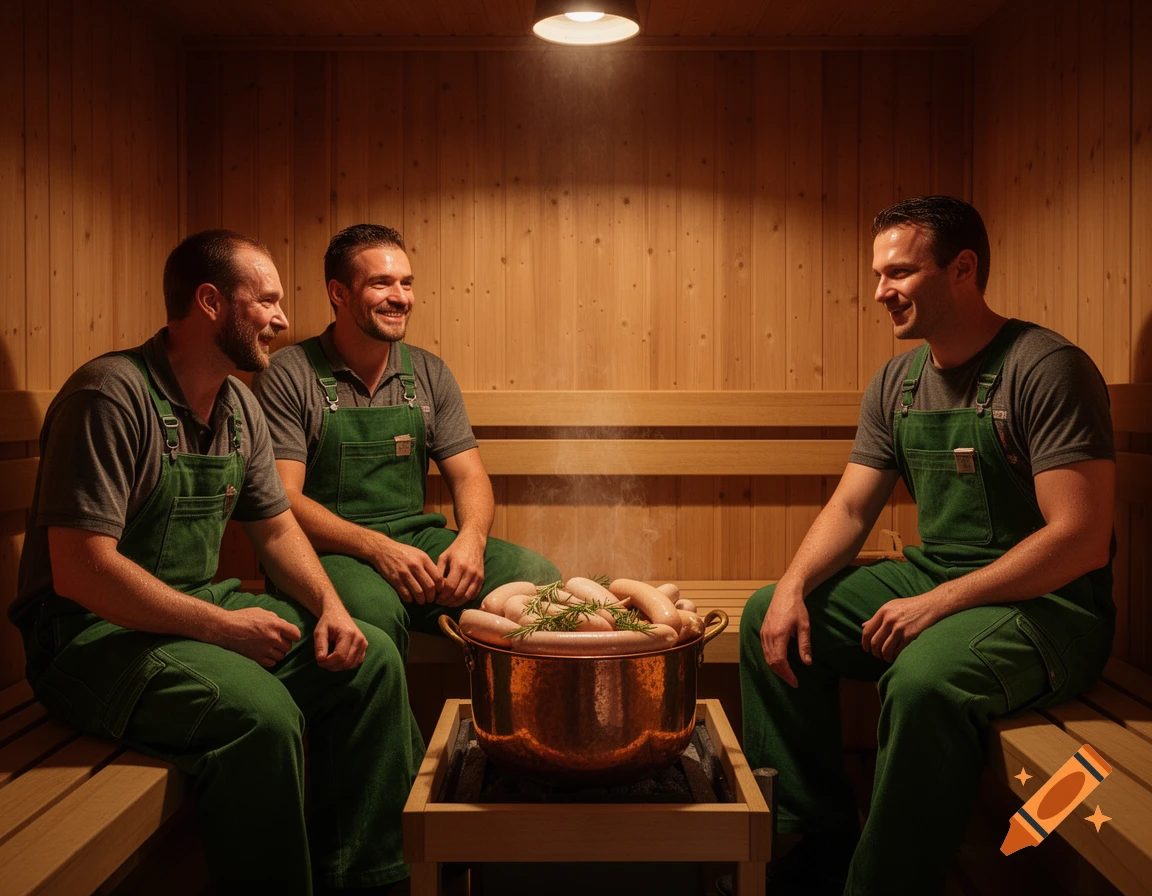 Three smiling men in green overalls sit in a wooden sauna with a steaming pot of sausages in the center.