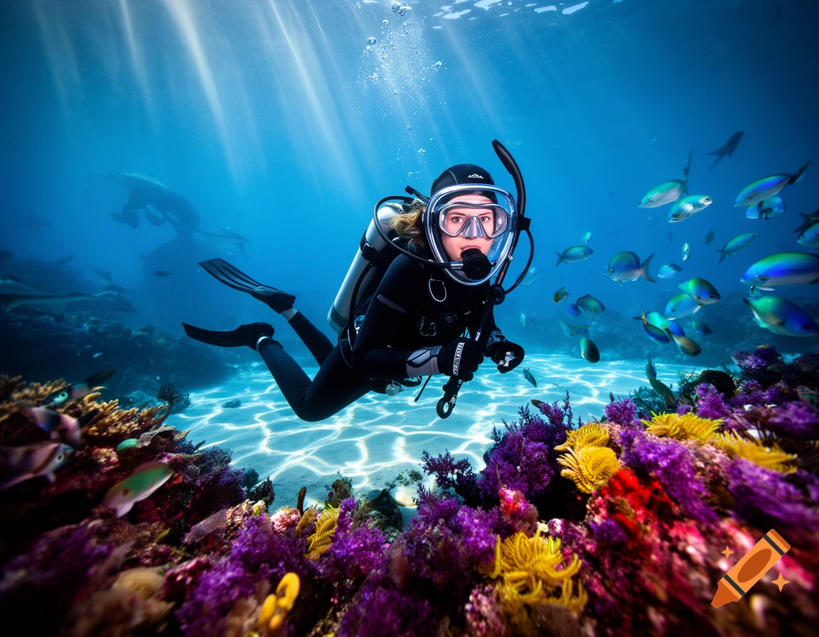 A woman scuba diving among vibrant coral reefs and colorful fish in clear blue water.