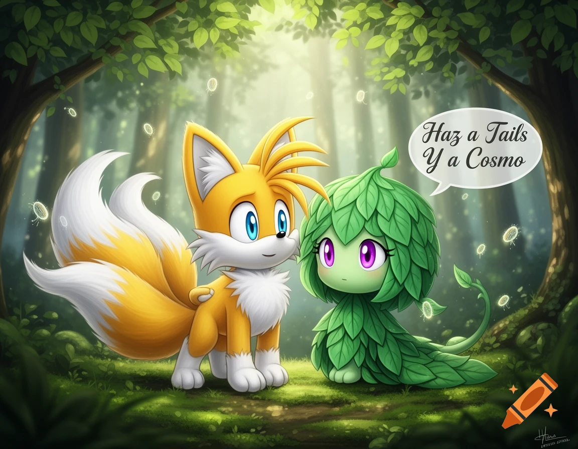 A yellow fox character with multiple tails and a green leaf-creature stand in a mystical forest.